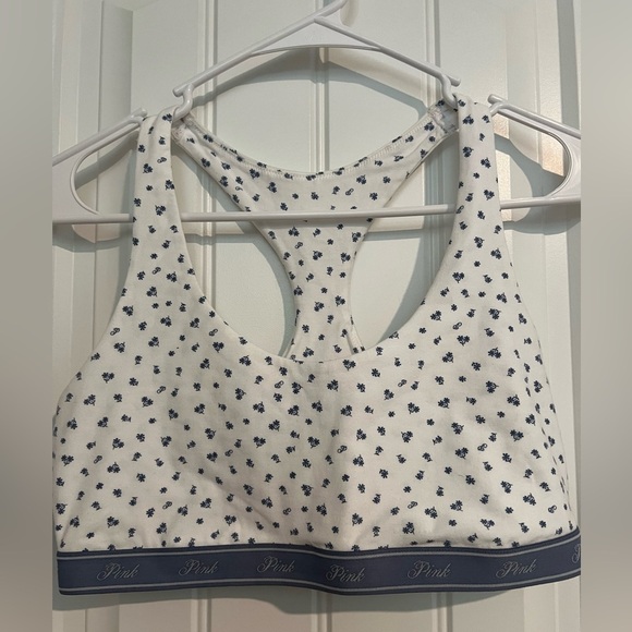 PINK Victoria's Secret Cotton Racerback Bralette, White Floral Print Sports Bra - Picture 5 of 8